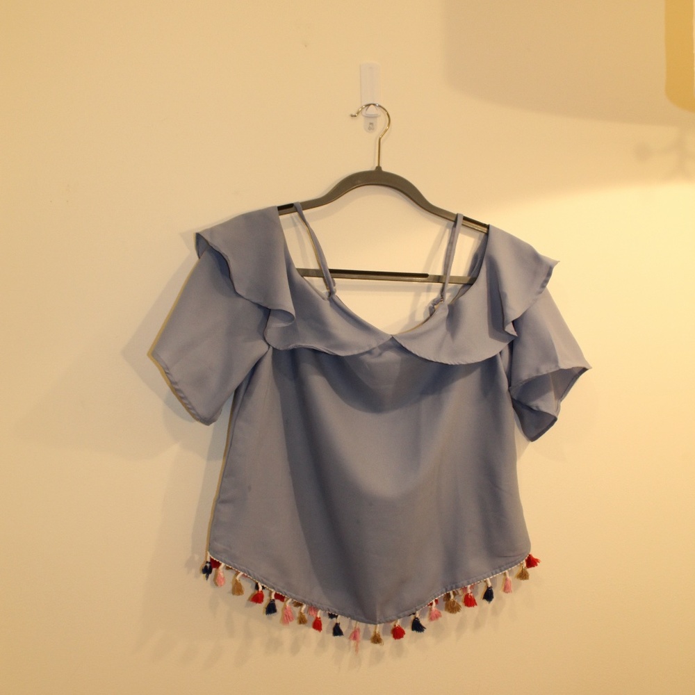 Off the Shoulder Blue Top with Fun Colored Tassels
